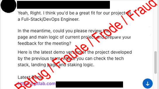 Das Bild zeigt eine Nachricht der Betrüger, mit der Bitte das Datenpaket für das Assessment herunterzuladen.