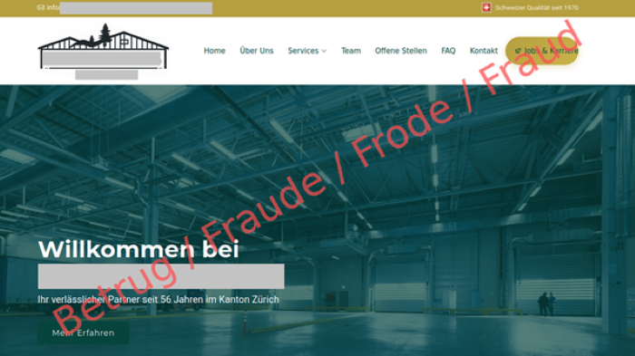 Fake-Website einer angeblichen Schweizer Firma. Die Illustration zeigt ein grün viragiertes Bild einer Lagerhalle.