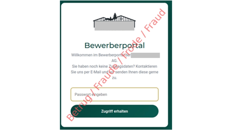 Maske eines fiktiven "Bewerberportals". Weisser Hintergrund mit grüner Schrift.