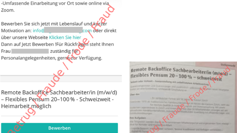 Bilder von gefälschten Stelleninseraten, links auf einem Internet-Portal, rechts in einer gedruckten Zeitung.