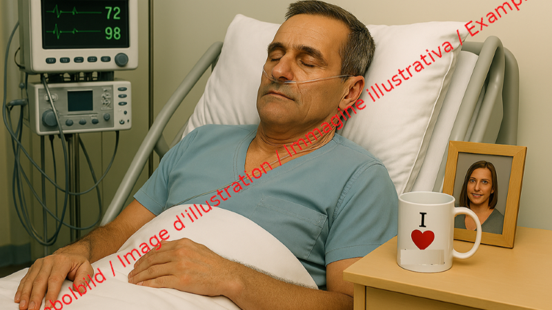 Das Bild zeigt einen mittelalten Mann mit geschlossenen Augen, der in einem Spitalbett liegt. Er wird künstlich beatmet. Auf seinem Nachttisch stehen ein gerahmtes Bild einer Frau sowie eine Tasse mit einem Herz.