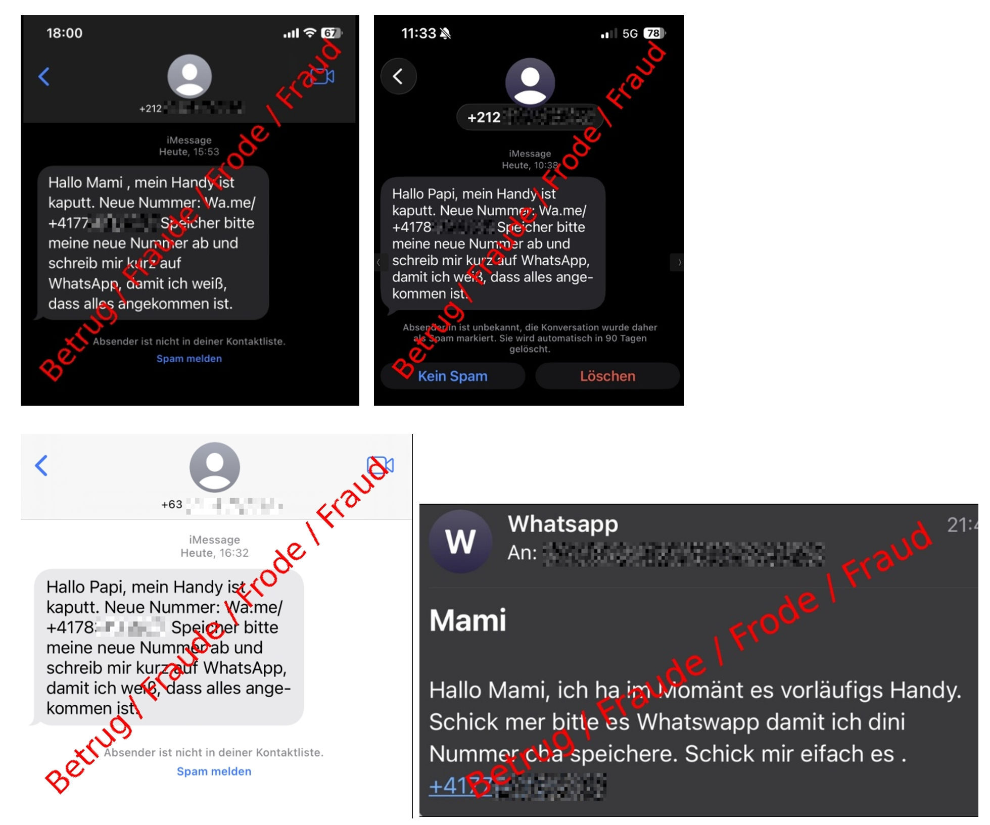 Screenshots mit fünf Beispielen möglicher betrügerischer Nachrichten.