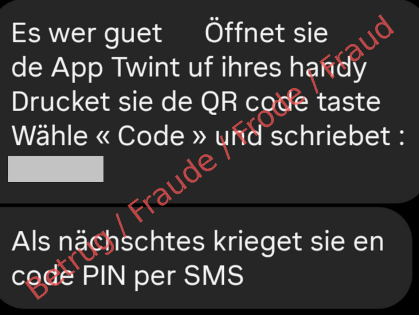 Beispiel eines Chatverlaufs, um eine Twint-Zahlung auszulösen und eine PIN vom Opfer zu erhalten.