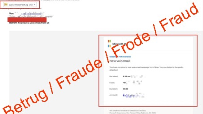 Screenshot einer angeblichen Voicemail-Benachrichtigung, die im Anhang eine Schadsoftware enthält.