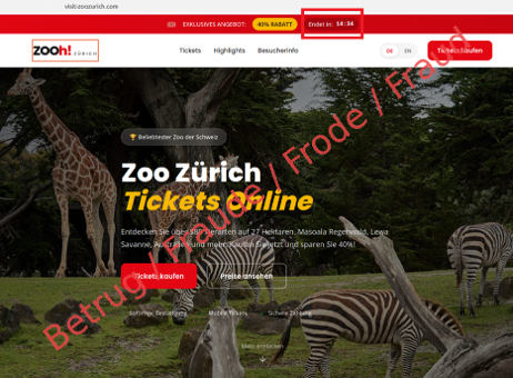 Beispiel einer gefälschten Ticketverkaufsseite des Zoo Zürich. 40% Rabatt werden in Aussicht gestellt, wenn man innerhalb von 15 Minuten bestellt. Abgedunkeltes Bild mit Giraffen und Zebras.
