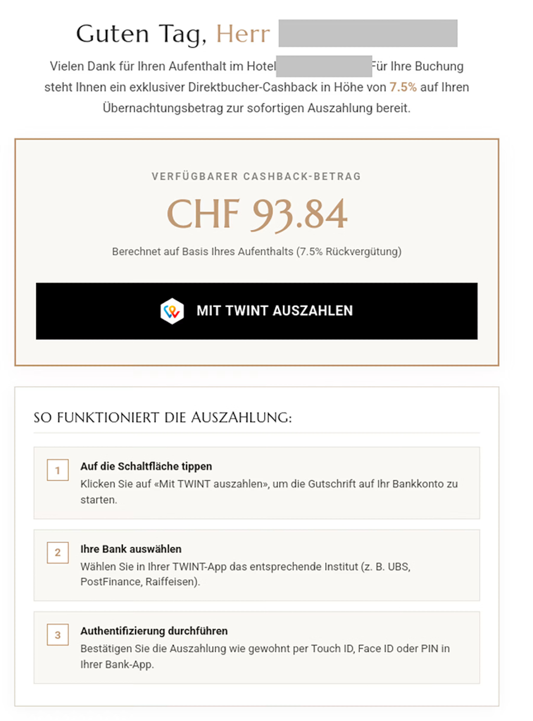 Screenshot einer geklonten Hotelwebsite mit Meldung für angebliches Cashback.