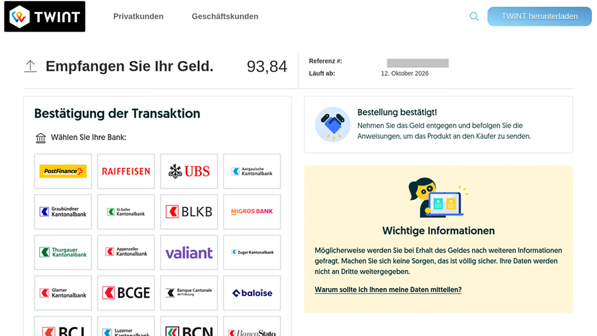 Screenshot der Aufforderung, die Bank auszuwählen.