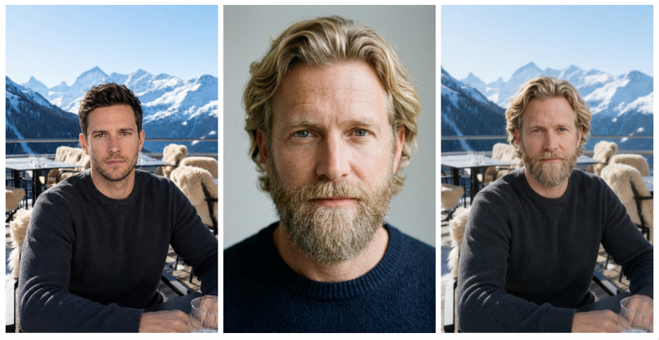 KI-generiertes Body-Swapping. Links: KI-erstelltes Originalbild. Mitte: Das Bild, das für Body- oder Face-Swapping eingesetzt wird. Rechts: KI-generiertes verändertes Bild. (Source: BACS)