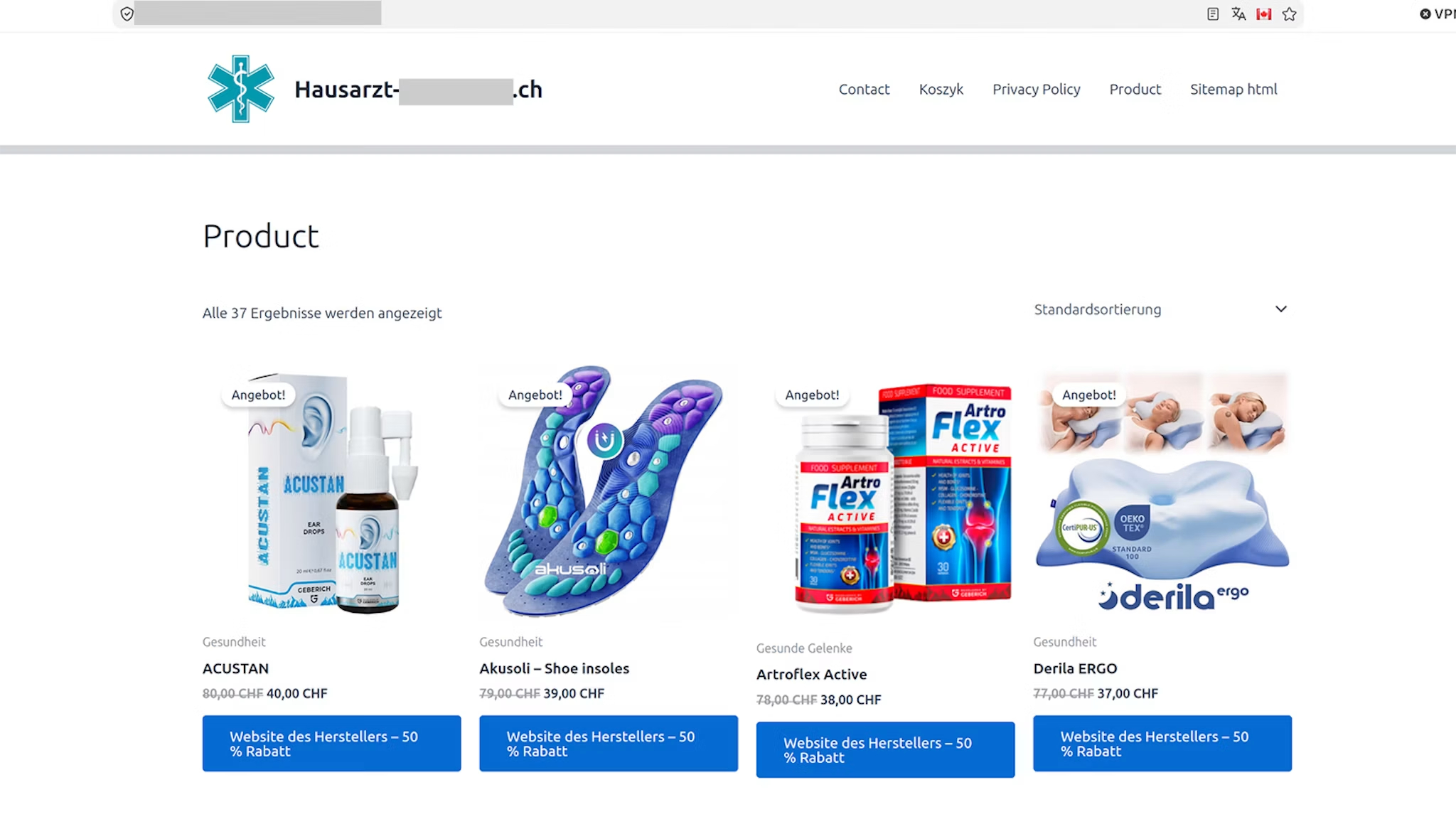Das Bild zeigt verschiedene Produkte (Waschmittel, Medikamente etc.), die auf einer Website einer ehemaligen Arztpraxis gelistet sind.