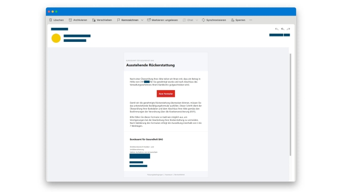 Das Bild zeigt einen Screenshot der betrügerischen E-Mail im Namen angeblich vom BAG