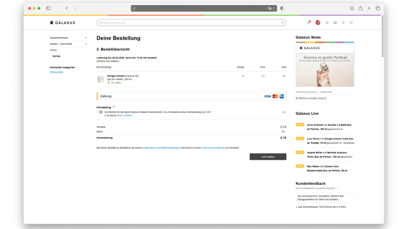Das Bild zeigt den Bestellprozess auf der betrügerischen Website im Galaxus-Design.