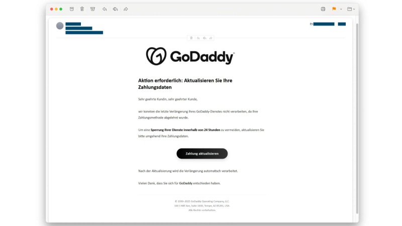 Das Bild zeigt eine betrügerische E-Mail im Namen von Godaddy.