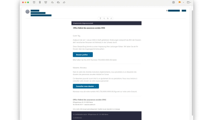 Gefälschte E-Mail des "Bundesamts für Sozialversicherungen" mit Button "Dossier prüfen". Graue Schrift auf weissem Grund. Button dunkles Türkisblau.
