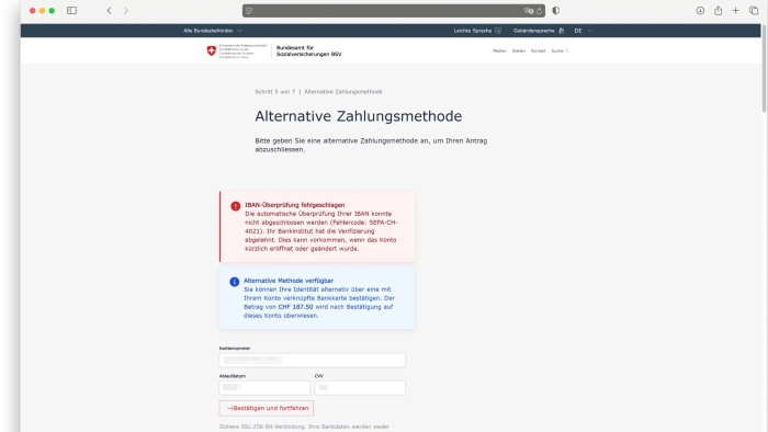 "IBAN-Überprüfung fehlgeschlagen": Hier soll eine "alternative Zahlungsmethode" eingegeben werden.