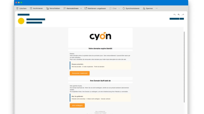 Abbildung mit Cyon-Logo (schwarz/orange) und Warnung, die Domain laufe bald ab (deutsch/französisch).