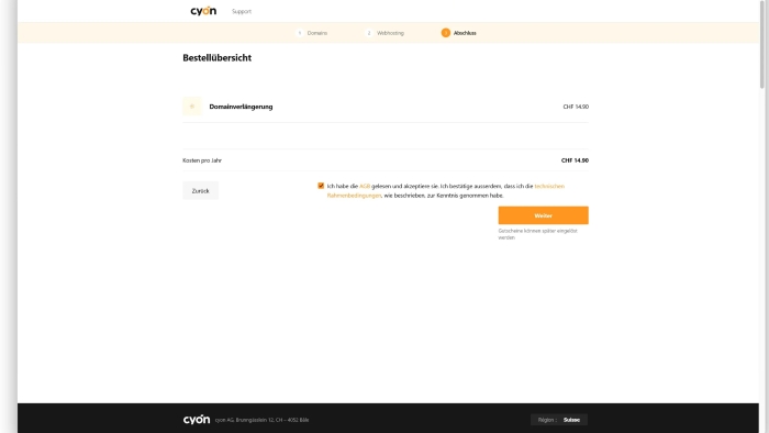 "Bestellübersicht" für eine angebliche Domain-Verlängerung für 14.90 Franken.
