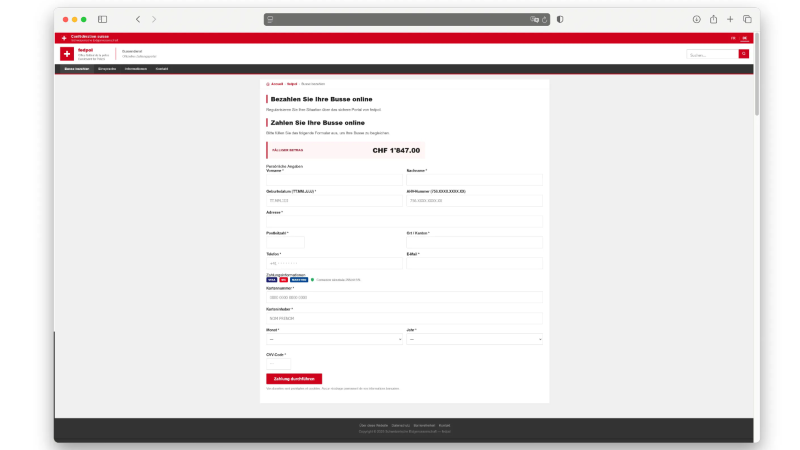 Das Bild zeigt das Datenformular zur Rechnungsbegleichung.