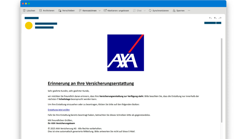 Das Bild zeigt eine betrügerische E-Mail im Namen der AXA Versicherungen.