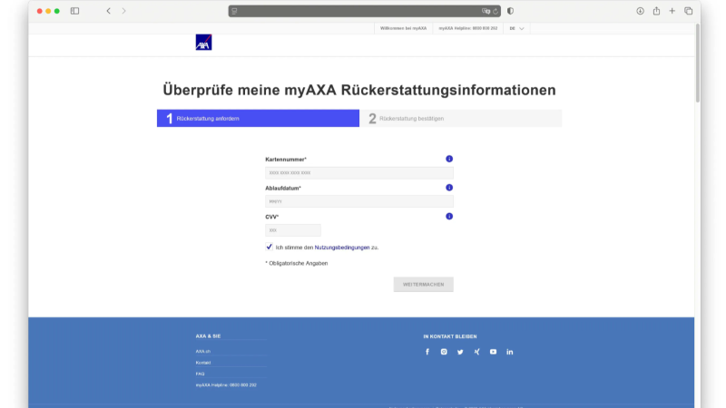 Das Bild zeigt die gefälschte AXA-Website. 