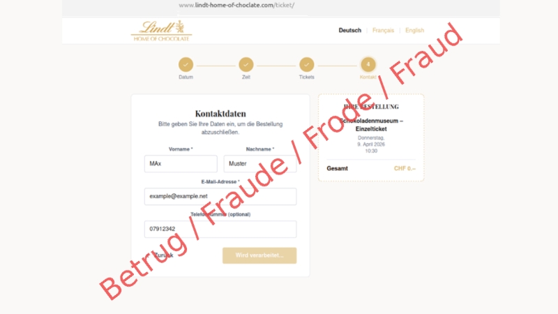 Das Bild zeigt eine gefälschte Website vom Lindt-Museum.