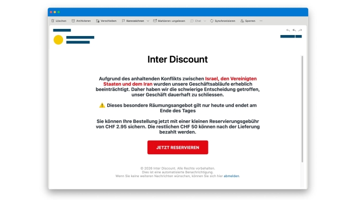 Ein Screenshot einer betrügerischen E-Mail mit Link auf eine gefälschte Interdiscount-Webseite.