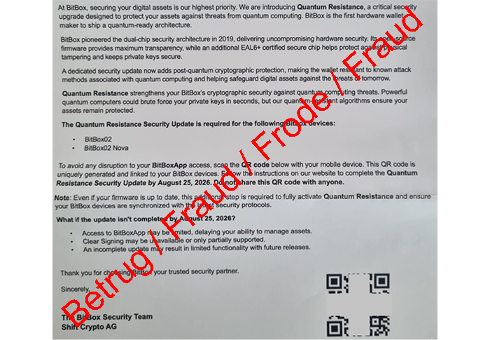 Foto eines Phishing-Briefes, der potenzielle Opfer zur Preisgabe ihrer Krypto-Seed-Phrase bewegen soll.