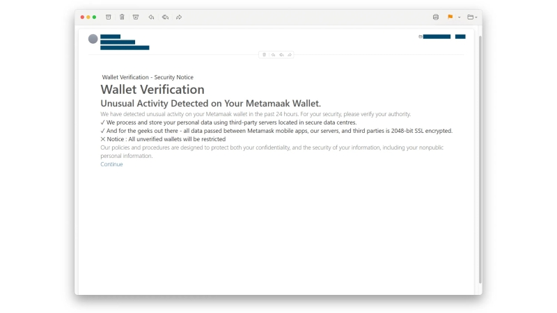 Screenshot der betrügerischen E-Mail. "Wallet verification" wird verlangt. 