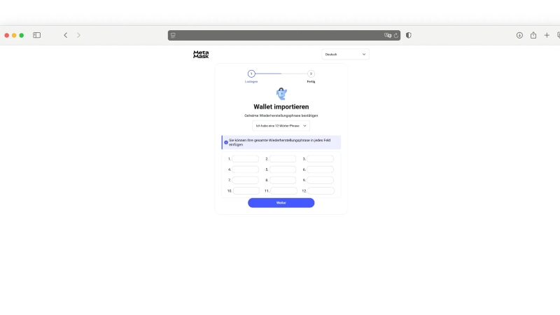 Screenshot der betrügerischen Website. Die Maske fordert zur Eingabe der "Seed Phrase" auf. 