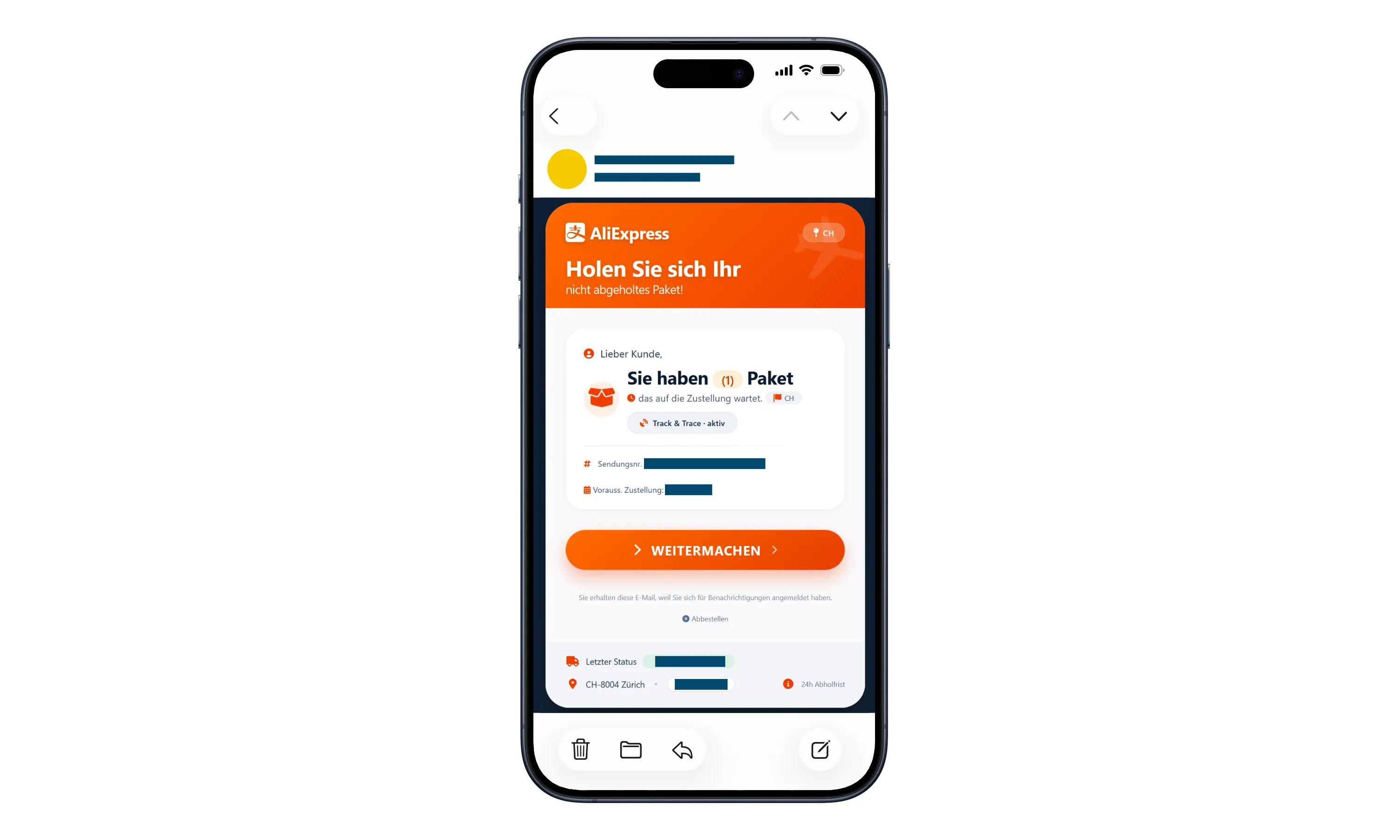 Fingierte E-Mail-Benachrichtigung in Aliexpress-Aufmachung.