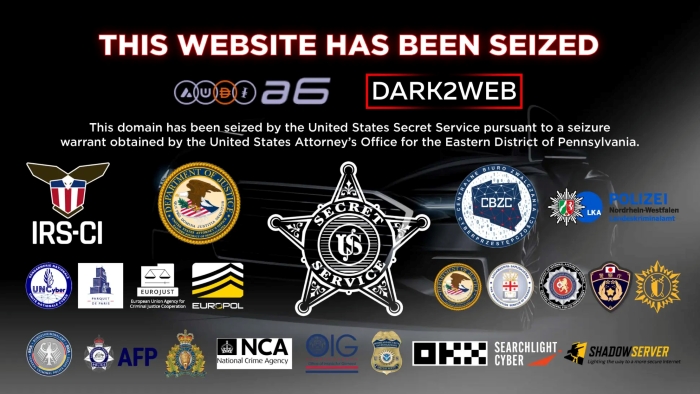 Das Bild zeigt das Banner der Strafverfolgungsbehörden, das nun auf einer der beschlagnahmten Webseiten zu sehen ist.