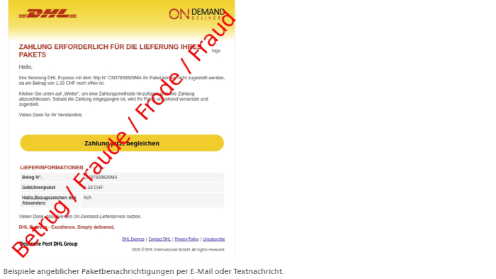 Beispiele von angeblichen Paketbenachrichtigungen per E-Mail oder als Textnachricht (Screenshot).