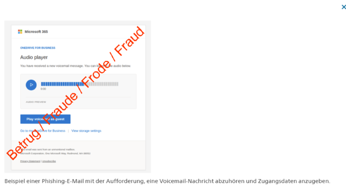 Screenshot einer Phishing-E-Mail mit Audio-Player und blauem Button.