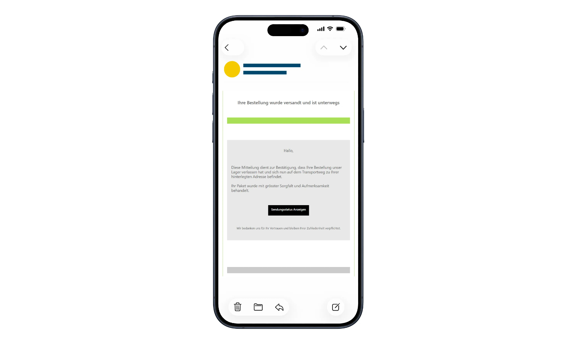 Handy-Screen mit Nachricht und Button "Sendungsstatus anzeigen".