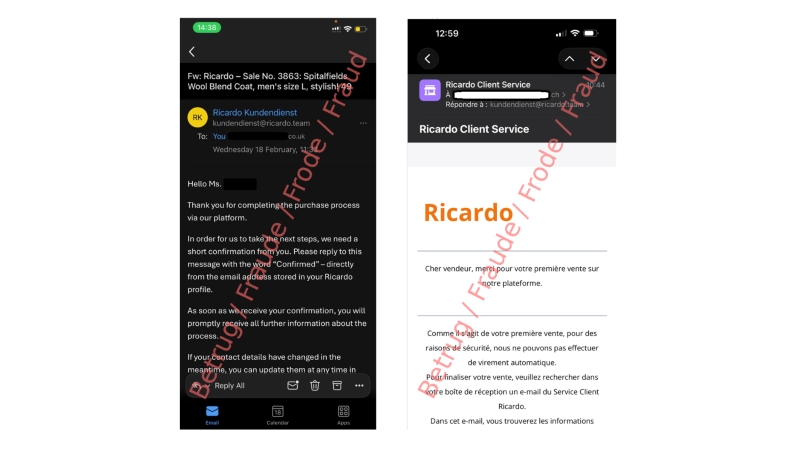 Das Bild zeigt die betrügerische E-Mail im Namen von Ricardo.