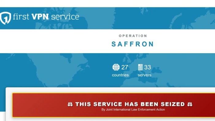 Bildschirmfoto der Website (türkise Maske mit VPN-Schriftzug), roter Balken: "This service has been seized".