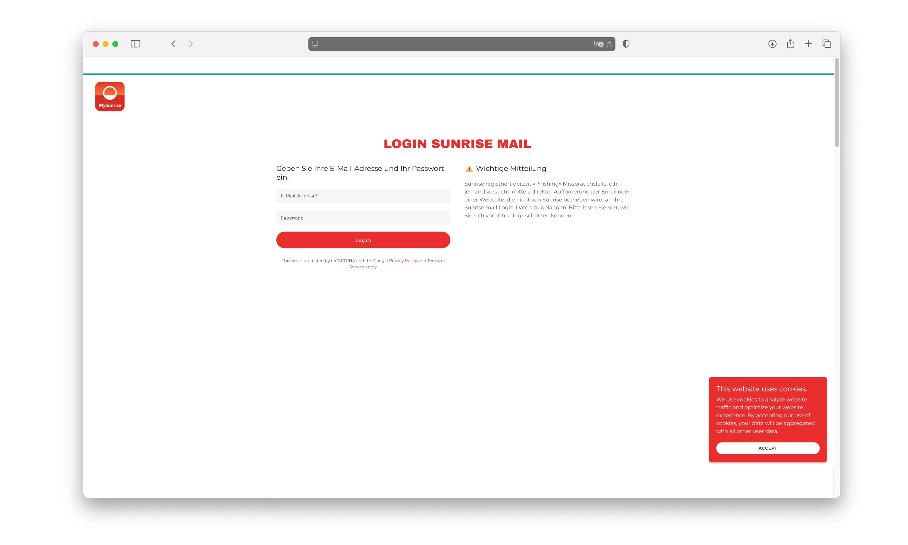 Screenshot einer gefälschten Sunrise-Website. Unter der Überschrift «LOGIN SUNRISE MAIL» stehen Eingabefelder für E-Mail-Adresse und Passwort. Rechts daneben warnt eine "Wichtige Mitteilung" vor Phishing. Unten rechts erscheint ein roter Cookie-Hinweis.