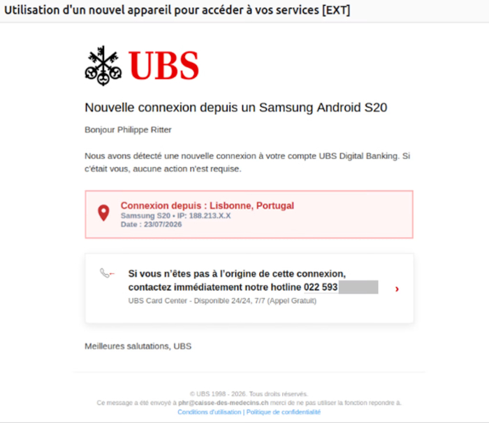 Angeblicher Zugriffsversuch auf das UBS-Konto von Portugal. Sollte man die Verbindung nicht gemacht haben, soll man auf eine 022er Nummer anrufen.