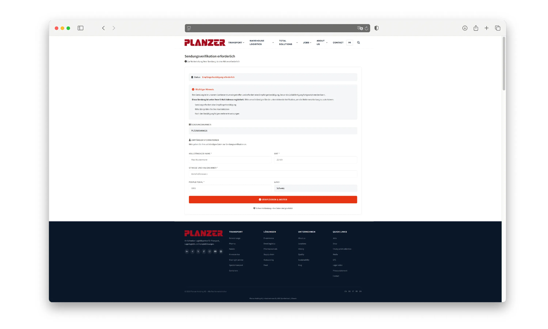 Gefälschte Website im Planzer-Design mit der Oberfläche zur Sendungsverifikation.