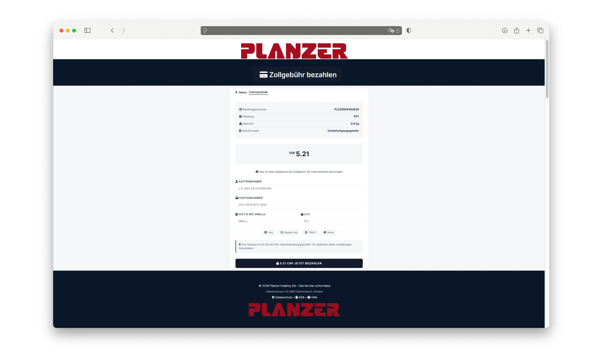 Gefälschte Website im Planzer-Design mit der Oberfläche zur Eingabe der Kreditkartendaten.