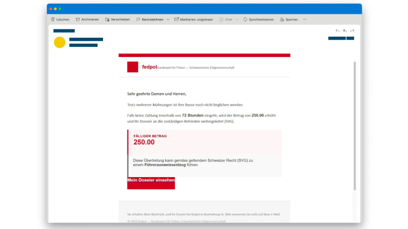 Das Bild zeigt die betrügerische E-Mail in Namen vom Fedpol.