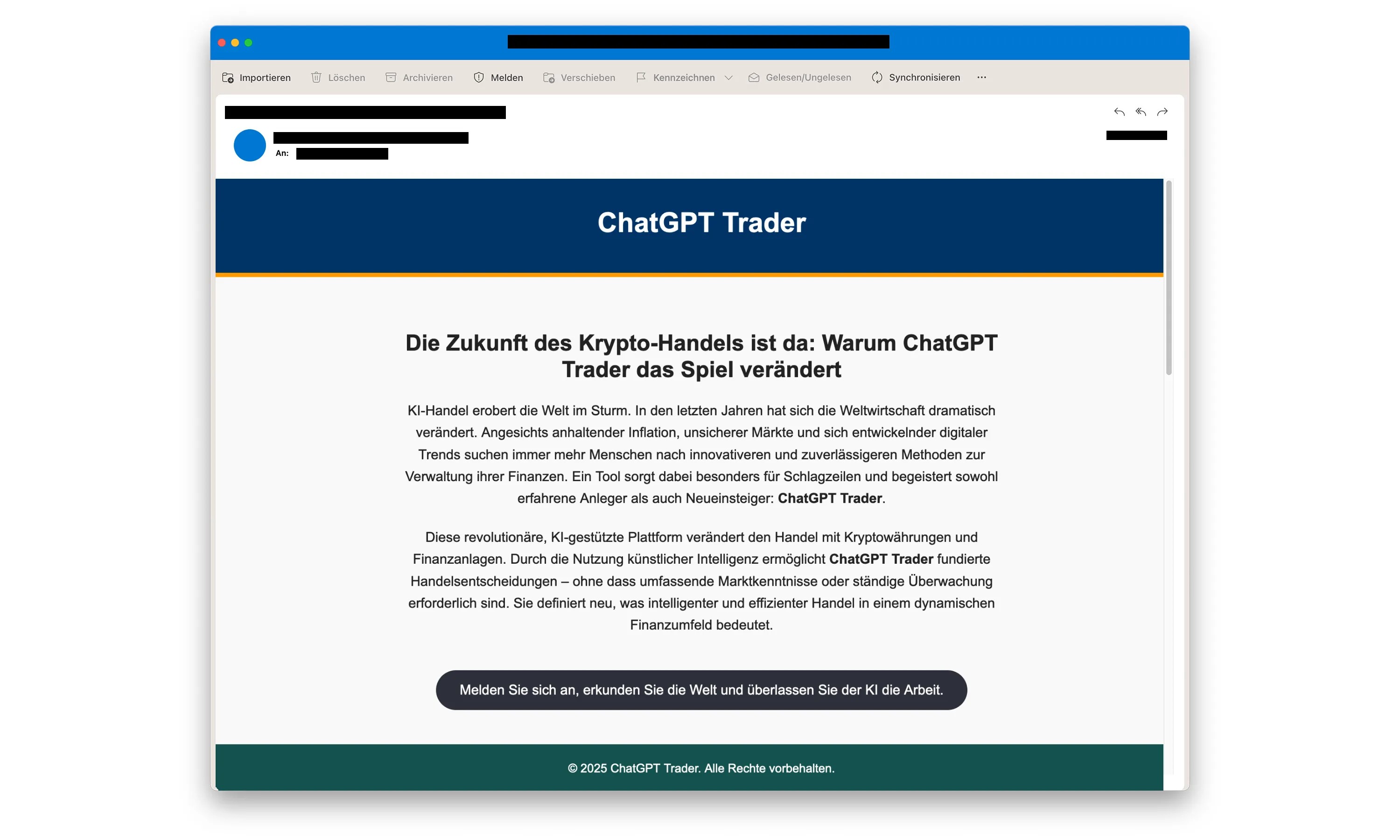 Ein Screenshot einer Phishing-Mail, die für eine vermeintliche KI-Tradingplattform namens "ChatGPT Trader" wirbt.