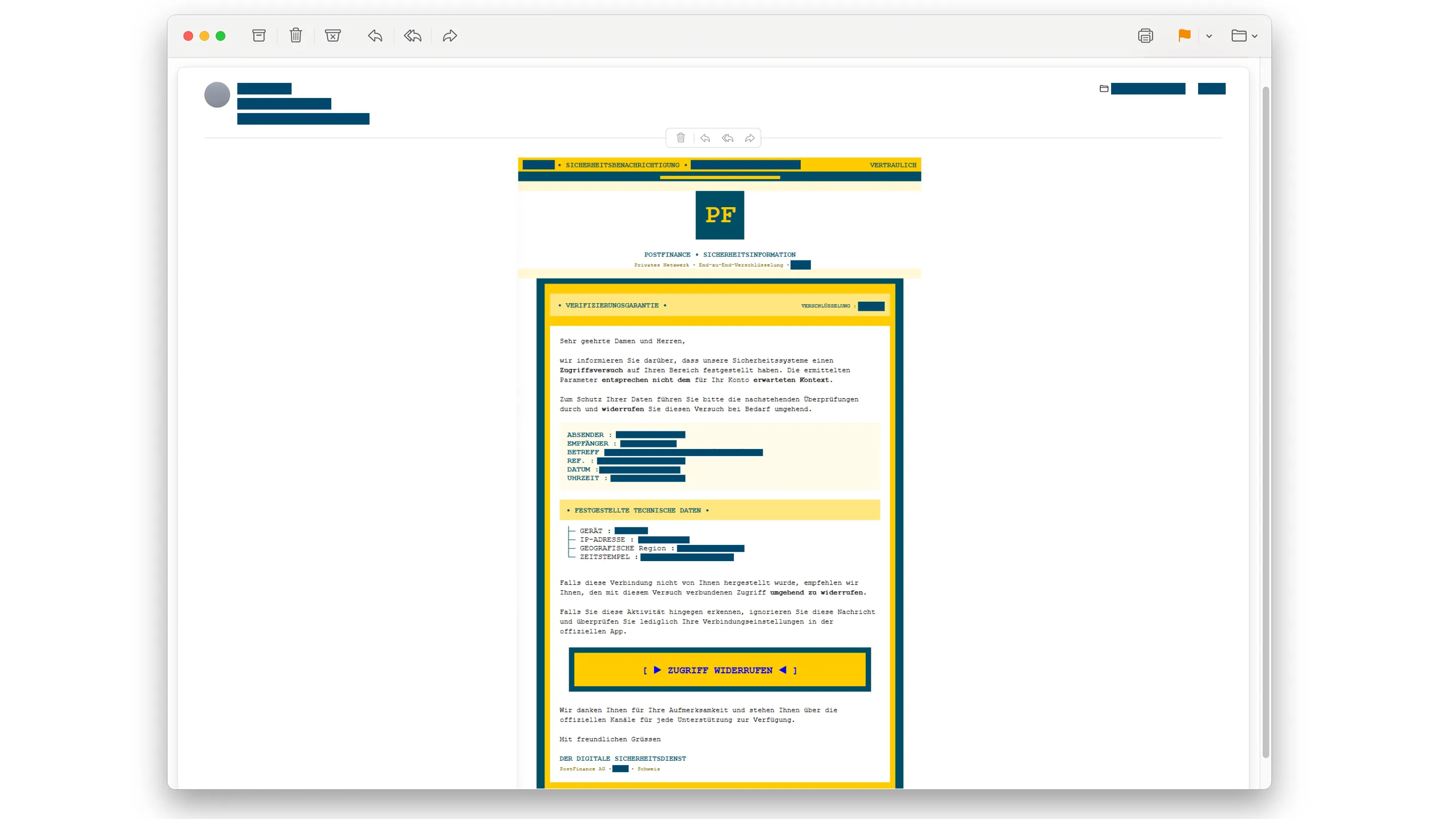 Sieht aus wie ein E-Mail von Postfinance, ist es aber nicht. (Source: zVg)