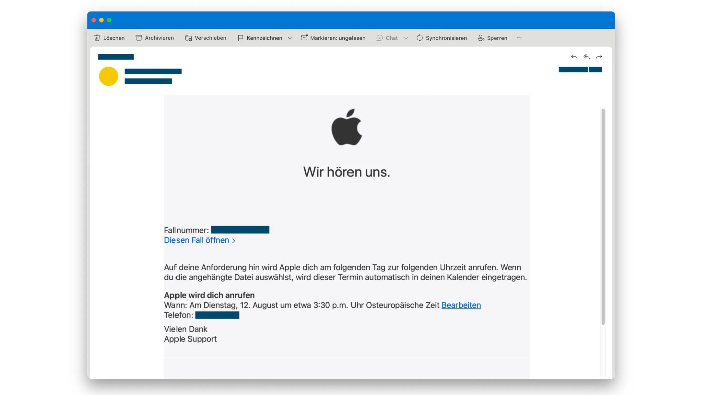 Das Bild zeigt eine Beispiel-E-Mail von Apple, die einen angeblichen Rückruf bestätigt. Es gibt ein Apple-Logo mit dem Text "Wir hören uns" und eine Terminbestätigung für einen Anruf.