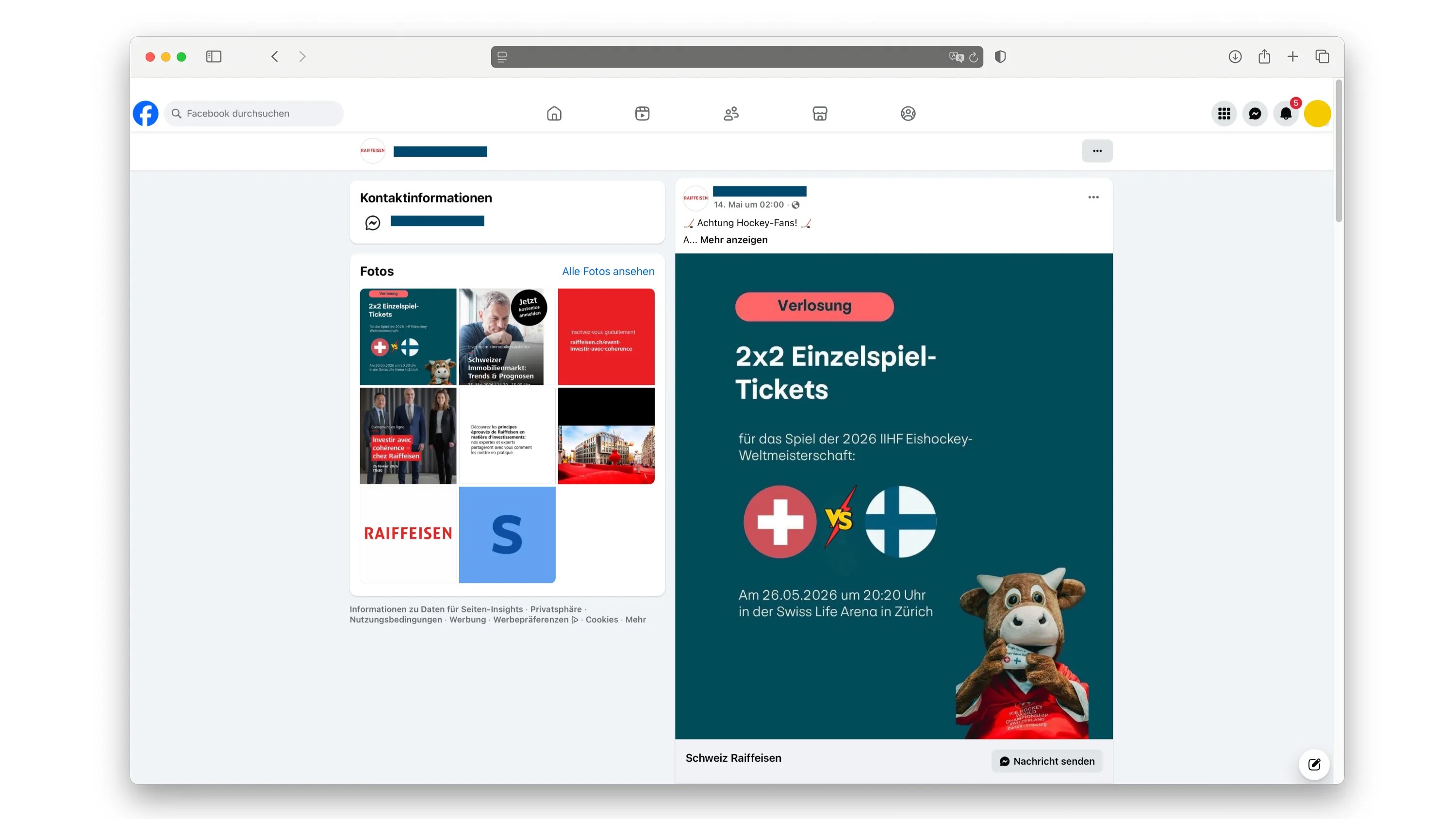 Screenshot eines gefälschten Facebook-Gewinnspiels im Design von Raiffeisen. Der Beitrag verspricht Tickets für die Eishockey-WM 2026 in Zürich. Zu sehen sind Logos der Schweiz und Finnlands sowie ein WM-Maskottchen. Die Seite wirkt wie ein offizieller Unternehmensauftritt.
