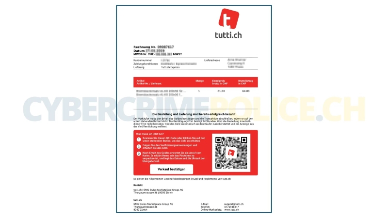 Symbolbild einer Fake-Rechnung in Aufmachung und Farben (weiss/rot) von tutti.ch.