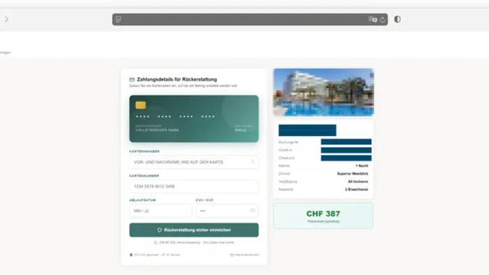Auf der Phishing-Seite werden Zahlungsinformationen verlangt um eine vermeintliche Rückerstattung zu erhalten