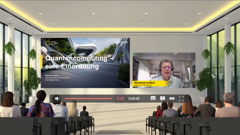 Die Präsentationen konnten die Gäste in virtuellen Vorlesungsräumen ansehen. Im Bild: Hannes Lubich - allerdings noch mit der Bauchbinde des Moderators Reinhold Zurfluh. (Source: Screenshot)