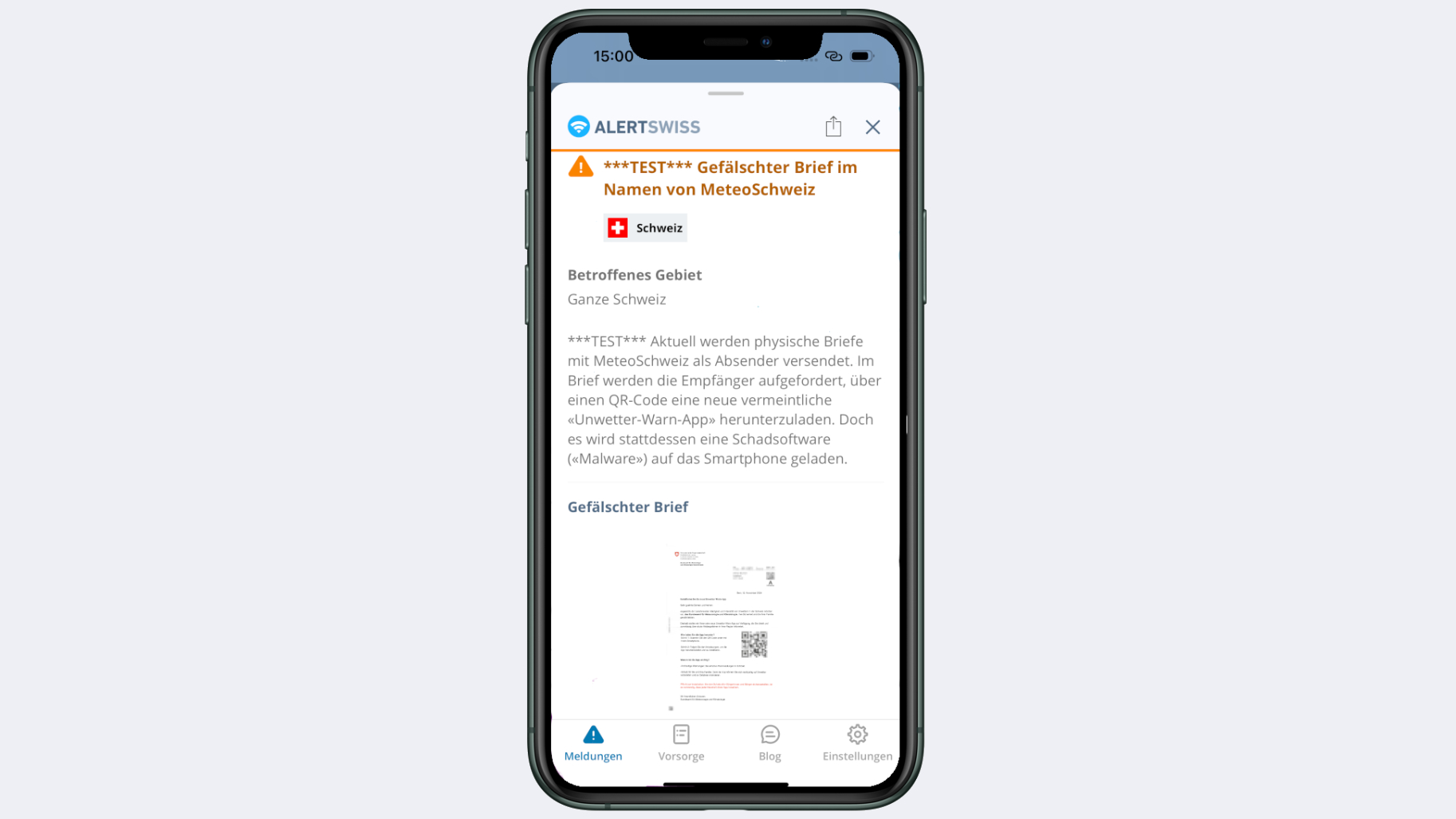 Das Bild zeigt ein Handy mit einer Beispielwarnung von Alertswiss zu Cybergefahren. Die angezeigte Warnung ist eine Test-Warnung für das Thema gefälschter Brief. Ein Text beschreibt die Situation und gibt ein Besipielbild für einen gefälschten Brief.