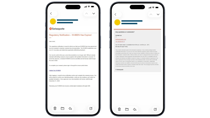 Das Bild zeigt zwei Smartphone-Bildschirme mit Inhalten im Swissquote-Design. Links mit der Benachrichtigung, das Kontoformular sei abgelaufen, rechts mit vermeintlichen Kontaktangaben.