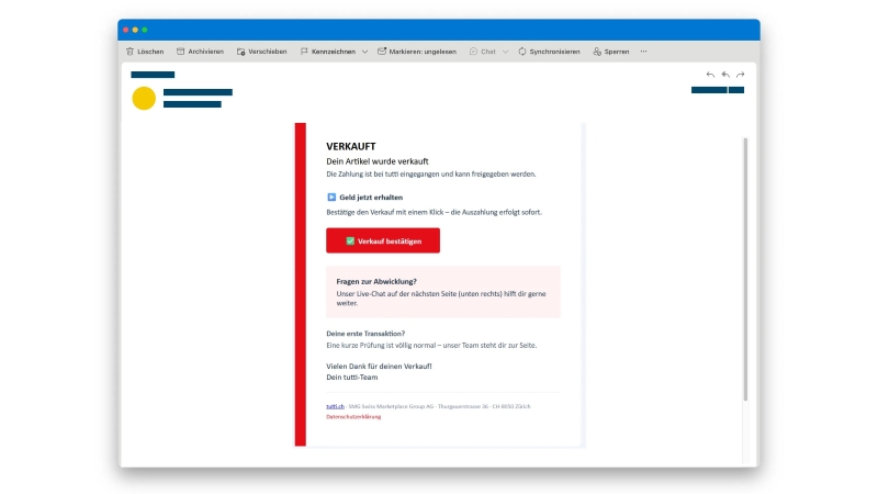 Textinhalt einer fingierten "Verkauft"-E-Mail in Tutti.ch-Aufmachung mit Link einer betrügerischen Website.